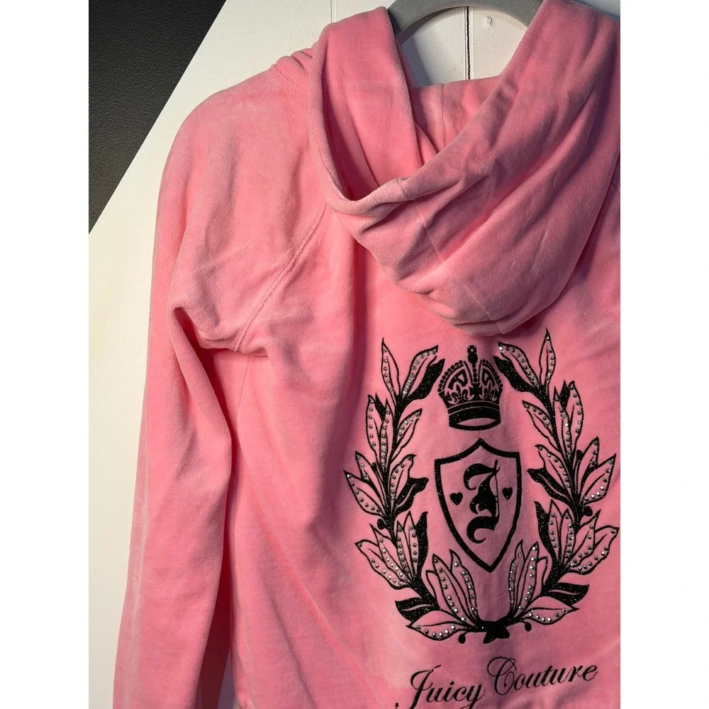 VTG Juicy Couture Hoodie Pink Velour Rhinestone Crest Zip Up Chic Girl XL 16 Y2K